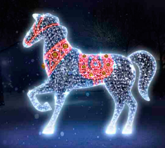 Светодиодная каркасная лошадь объемная 3D с красным седлом 250см